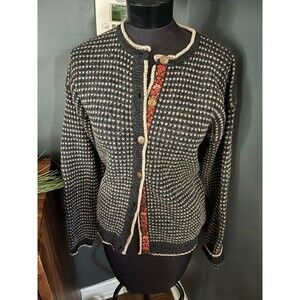 Vintage Women’s Woolrich Cardigan Button up Sweater Black Cream brocade trim M